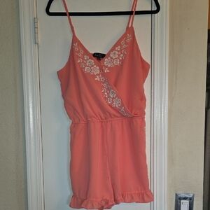 Trixxi Coral Floral Embroidered Romper